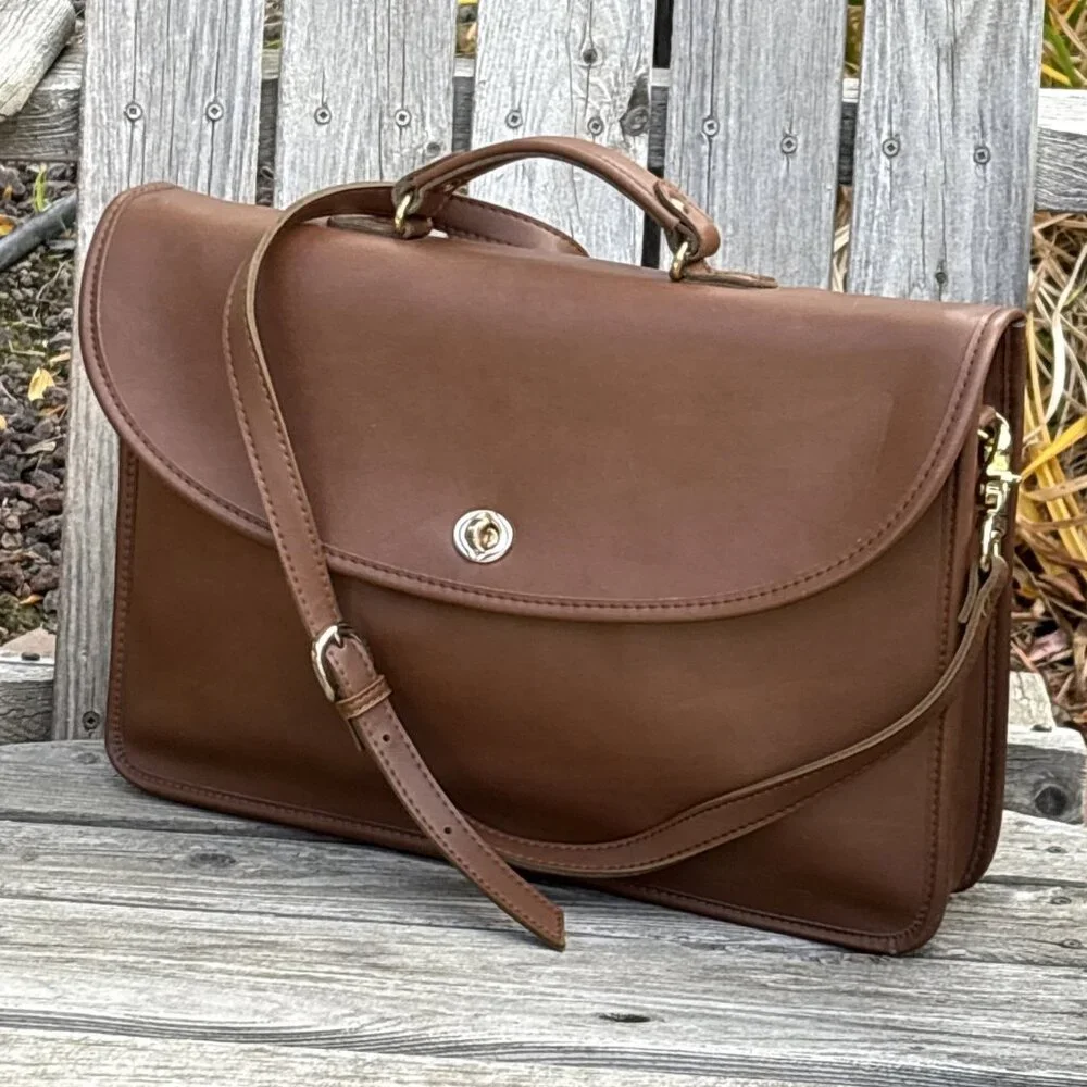 Vtg Briefcase Messenger Bag Full Grain Leather Tobacco Brown 1980s USA